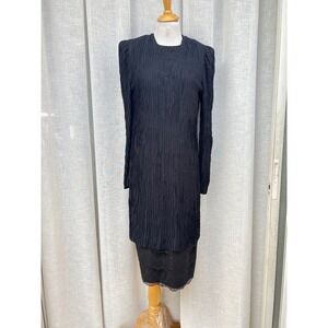 70s Leslie Fay Micro Pleated Lace Black Dress USA Sz 14